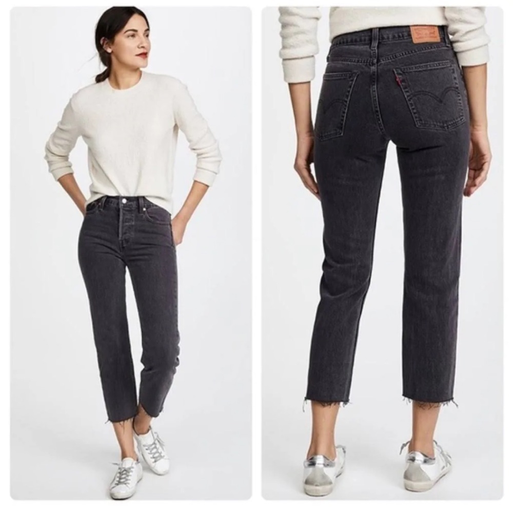Levi's Premium Wedgie Black Distressed Frayed Hem Button Fly Straight Jeans